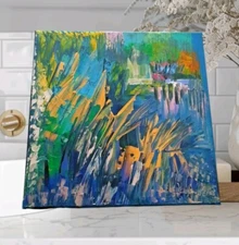 Golden Turqoise Shining Orig Abstract (See Video) Acrylic Painting Canvas 12x12
