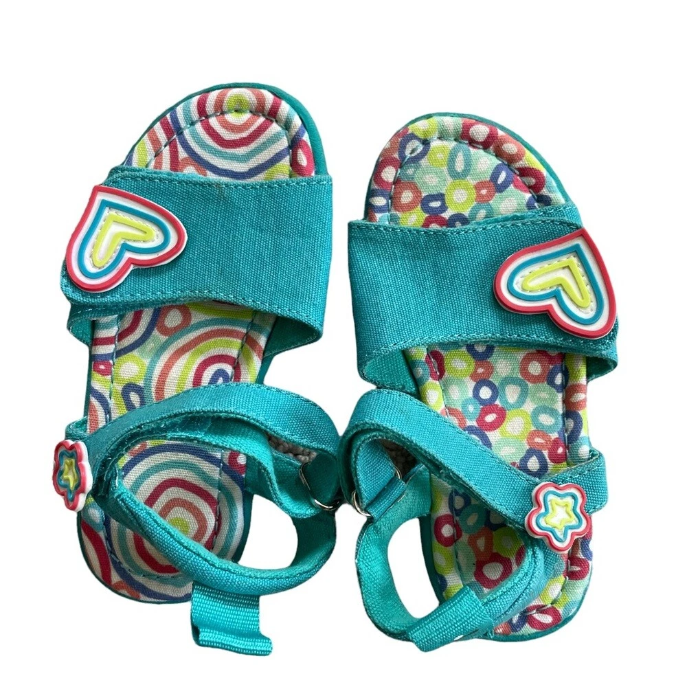 Chooze Toddler Girl Sandals Size 7 Rainbow Hearts Teal V elcro