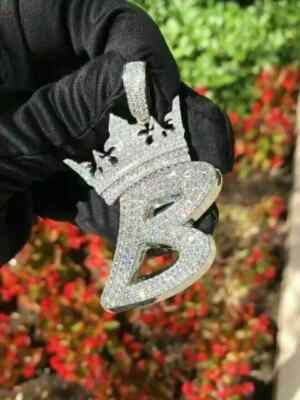 3Ct Round Cut Diamond ''B'' Initial Pendant 14K White Gold white Plated Silver