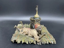 ANTIQUE FRANZ BERGMAN COLD PAINTED FIGURAL BRONZE INKWELL, Boy on Rug