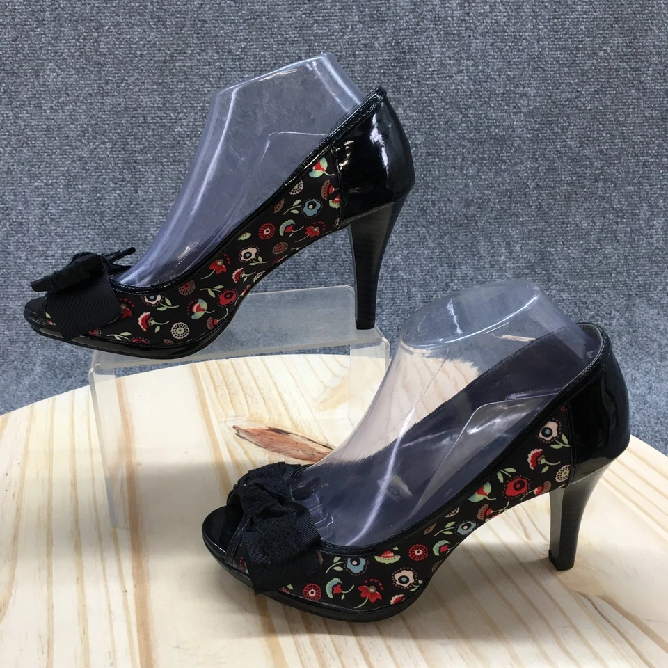 Xhilaration Pumps Womens 8.5M Black Floral Bow Peep Toe Slip On Stiletto Casual - Image 2 of 4