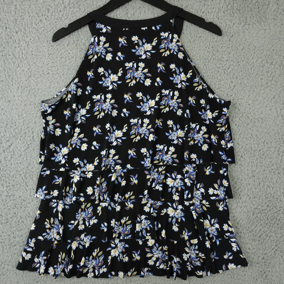 White House Black Market Tank Top Womens Large Black Floral Ruffle Tiered Laced - Image 2 of 4