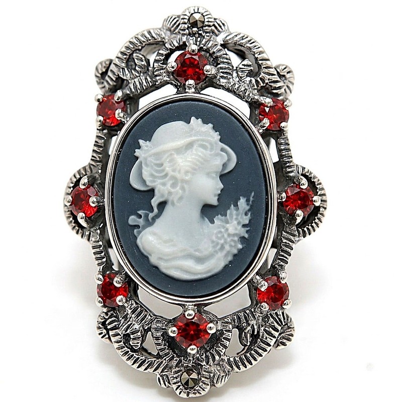 Swiss Marcasite Italian Cameo White Lady 925 Sterling Silver Ring Sz 8 PC13-8