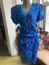 Vintage 80s Flora Kung 100 Silk Floral Puff Shoulder Midi Wrap Dress Turquoise