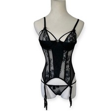 NEW Frederick's of Hollywood Black  Blue Lace Cutout Strap Bra Corset G-String