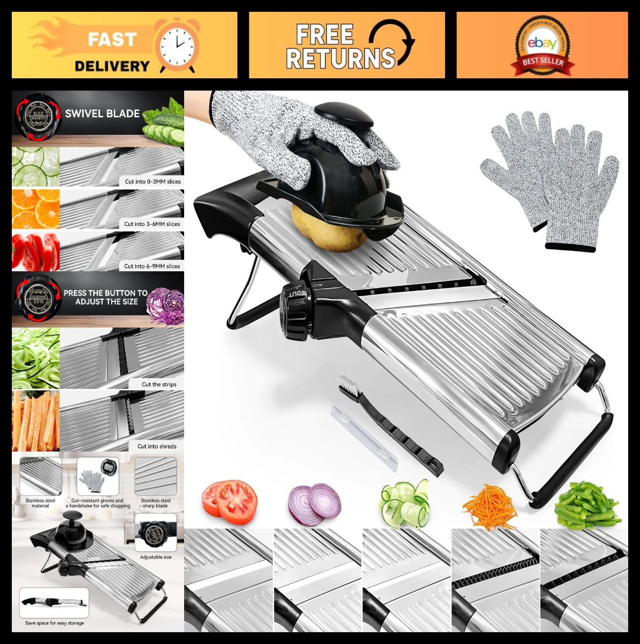 Adjustable Mandoline Slicer - Stainless Steel Vegetable Chopper, Julienne Cutter