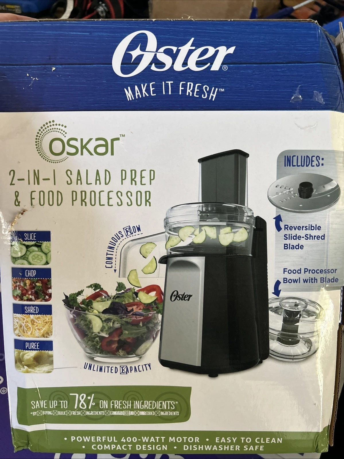 Oster Oskar 2-in-1 Salad Prep And Food Processor, Black, New Open Box
