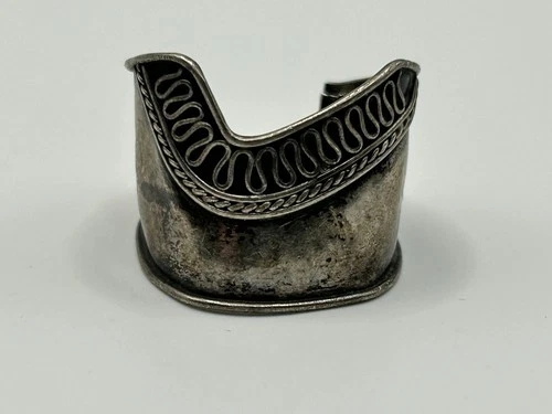 Wide925 Sterling Silver Taxco Cuff Ring Tribal Scroll Oxidized Vintage 22mm