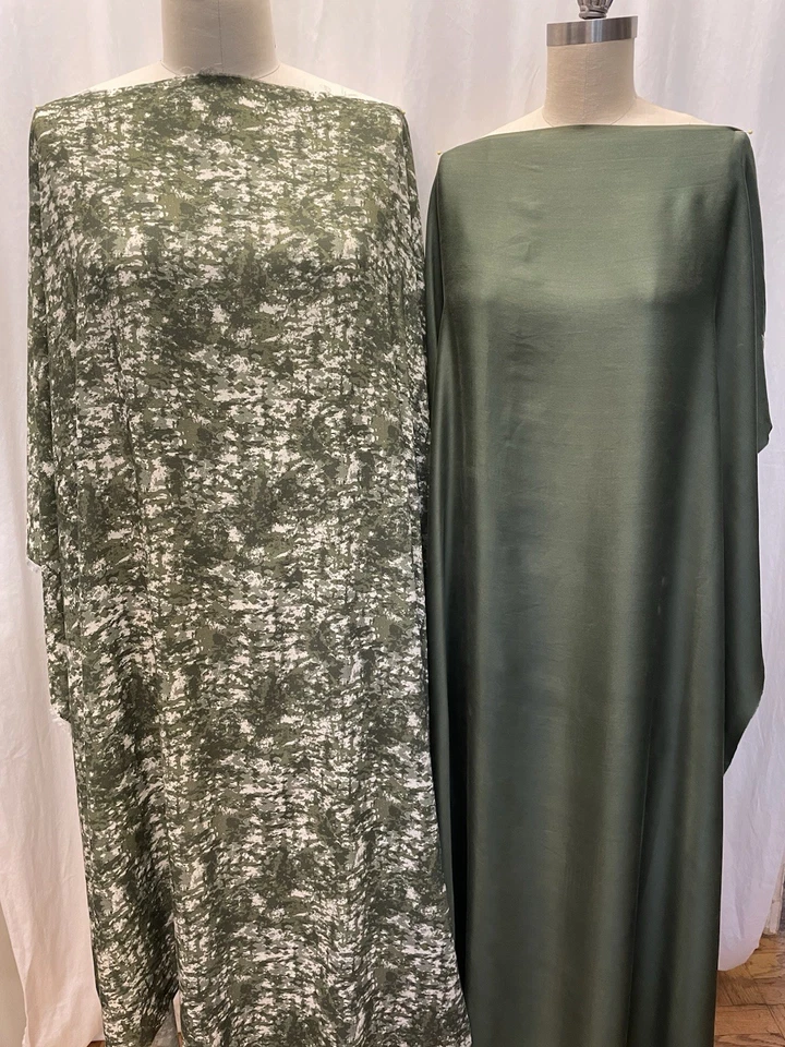 100% Silk Charmeuse & Rayon Olive Forest Green Fabric Combo Lot 2 Yards 54" W - Image 3 of 4