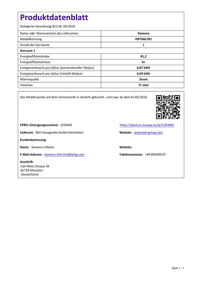 Siemens Einbau-Backofen HR736G1B1 Dampfunterstützung Schwarz 71L A+ - Bild 3 von 4