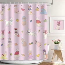 Cute Cat Shower Curtain for Bathroom Decor Spring Pink Funny Animal Kitty Pet...
