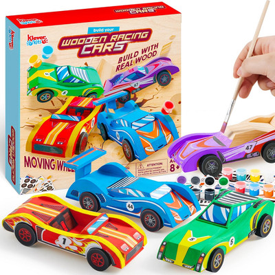 4 DIY Wooden Race Cars-Build & Paint Your Own Wood Craft Kit, 4 Race Cars Toy, E