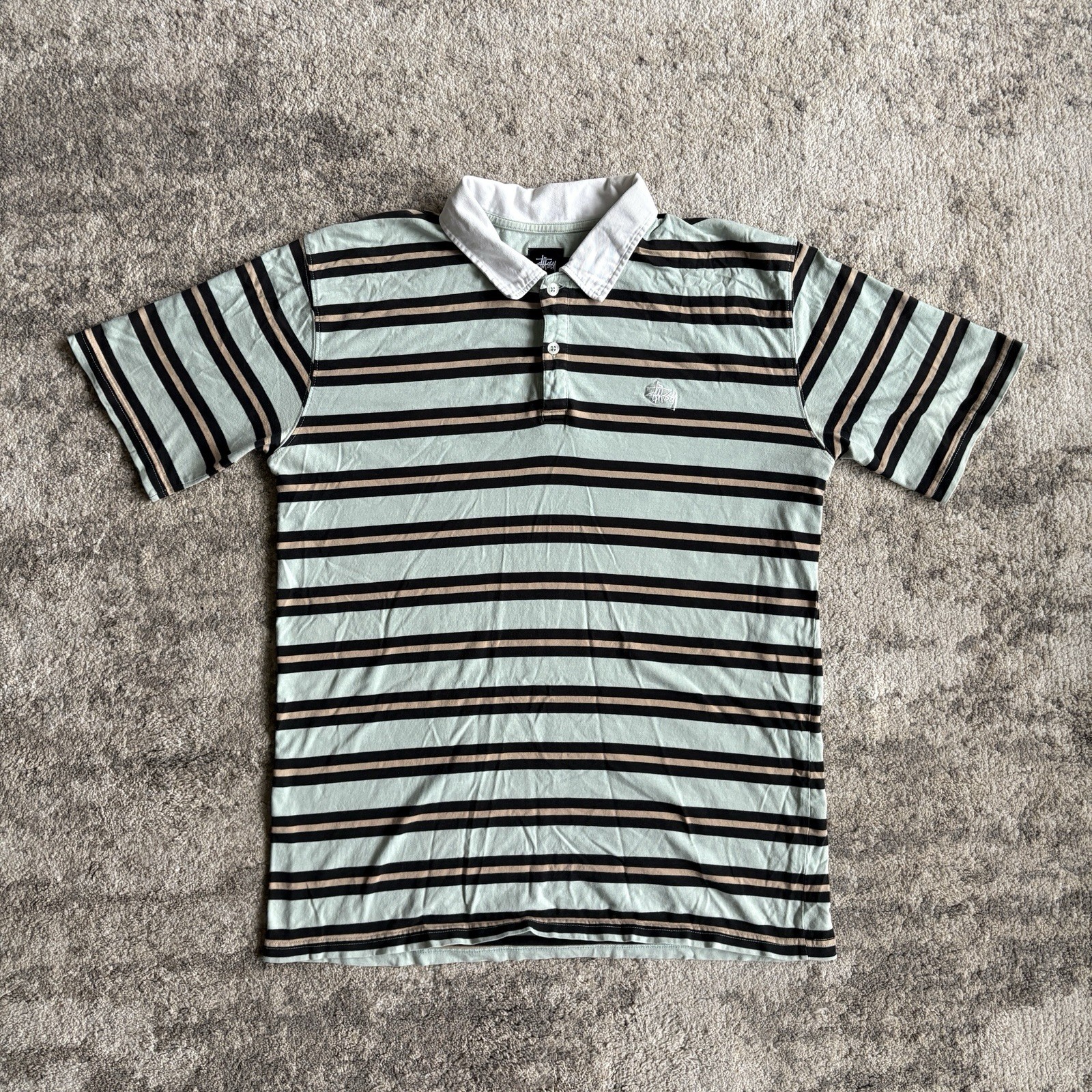 Vintage Stussy Striped Polo Shirt Mens XL Mint Green Black Y2K Skater Retro Knit