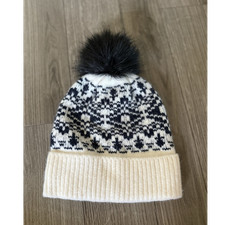 Fair Isle Girls Knit Pom-Pom Beanie Hat Ivory/Black