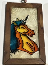 Vintage Wood Framed Stained Style Glass Unicorn 10 x 6 - Suncatcher