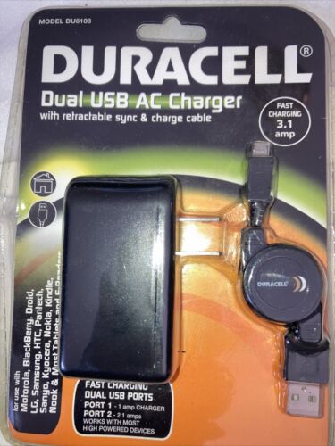 Duracell Dual USB AC Cube Charger With Retractable Sync & Charge Cable 3.1 a B-5 - Afbeelding 1 van 2