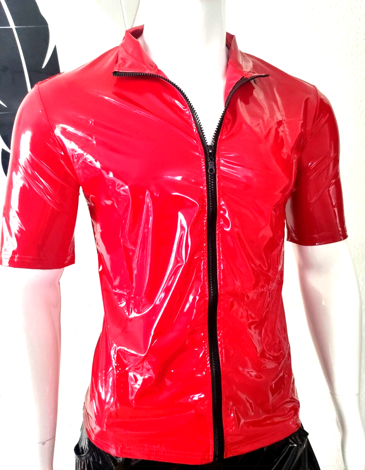 ALTRA Camicia New for Men pelle verniciata lucida manica corta vernice sexy cerniera lucida a specchio Red XL