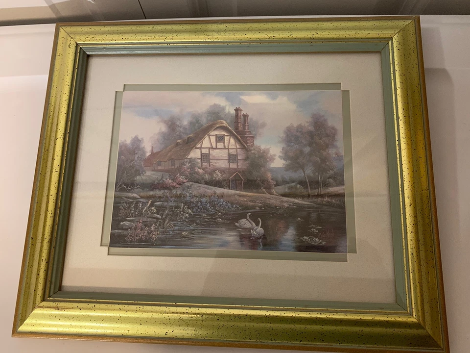 Carl Valente Print English Cottage Swans Double Matted Framed Signed 12 X 10 - Image 4 of 4