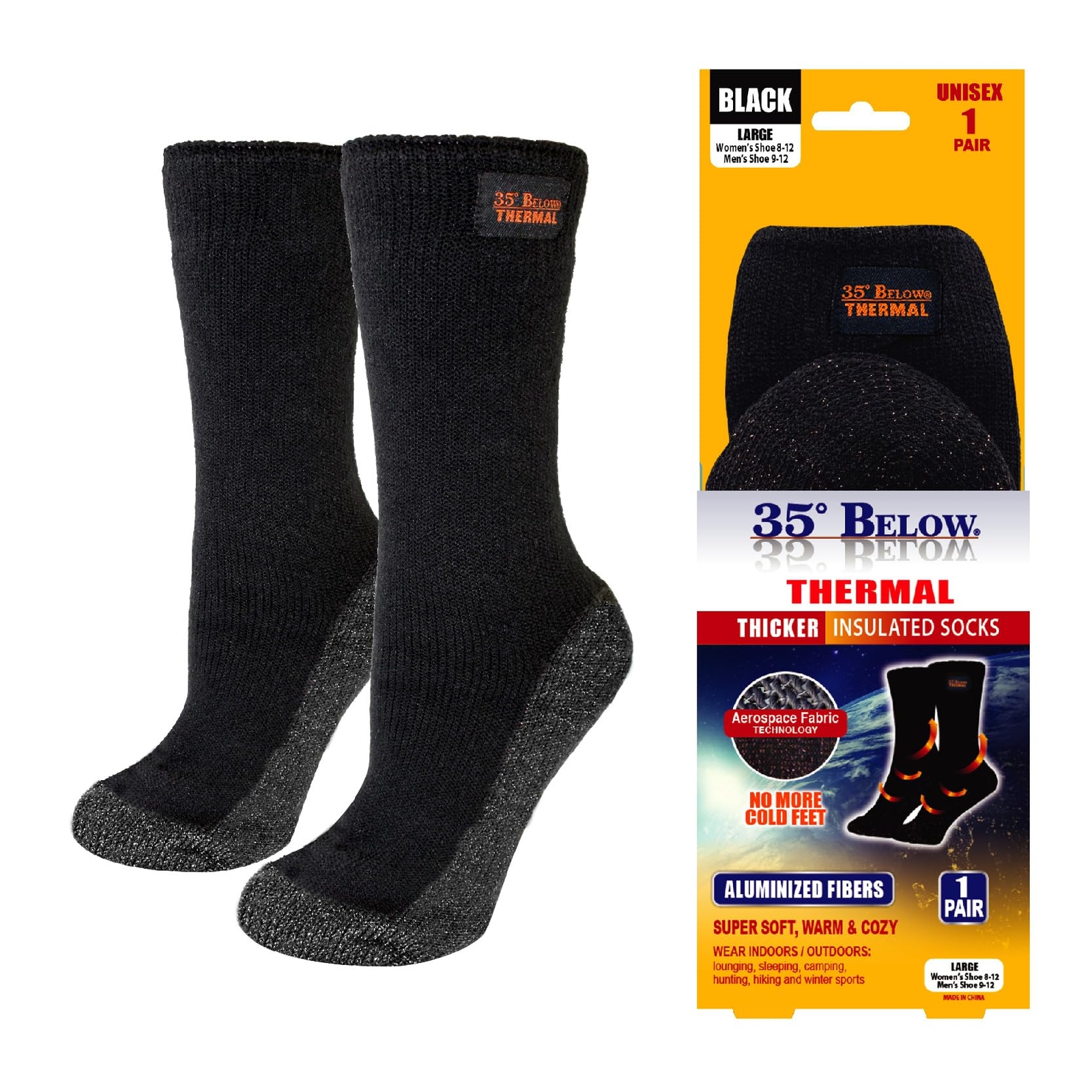 35° BELOW Thermal Insulated Socks for Men – 1 or 3 Pack, Large Size, Black/Silver