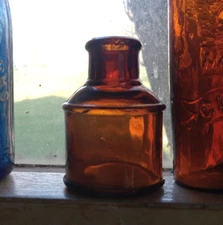 AMBER HAND BLOWN ROUND INK BOTTLE DUG IN 1890 TRASH PIT