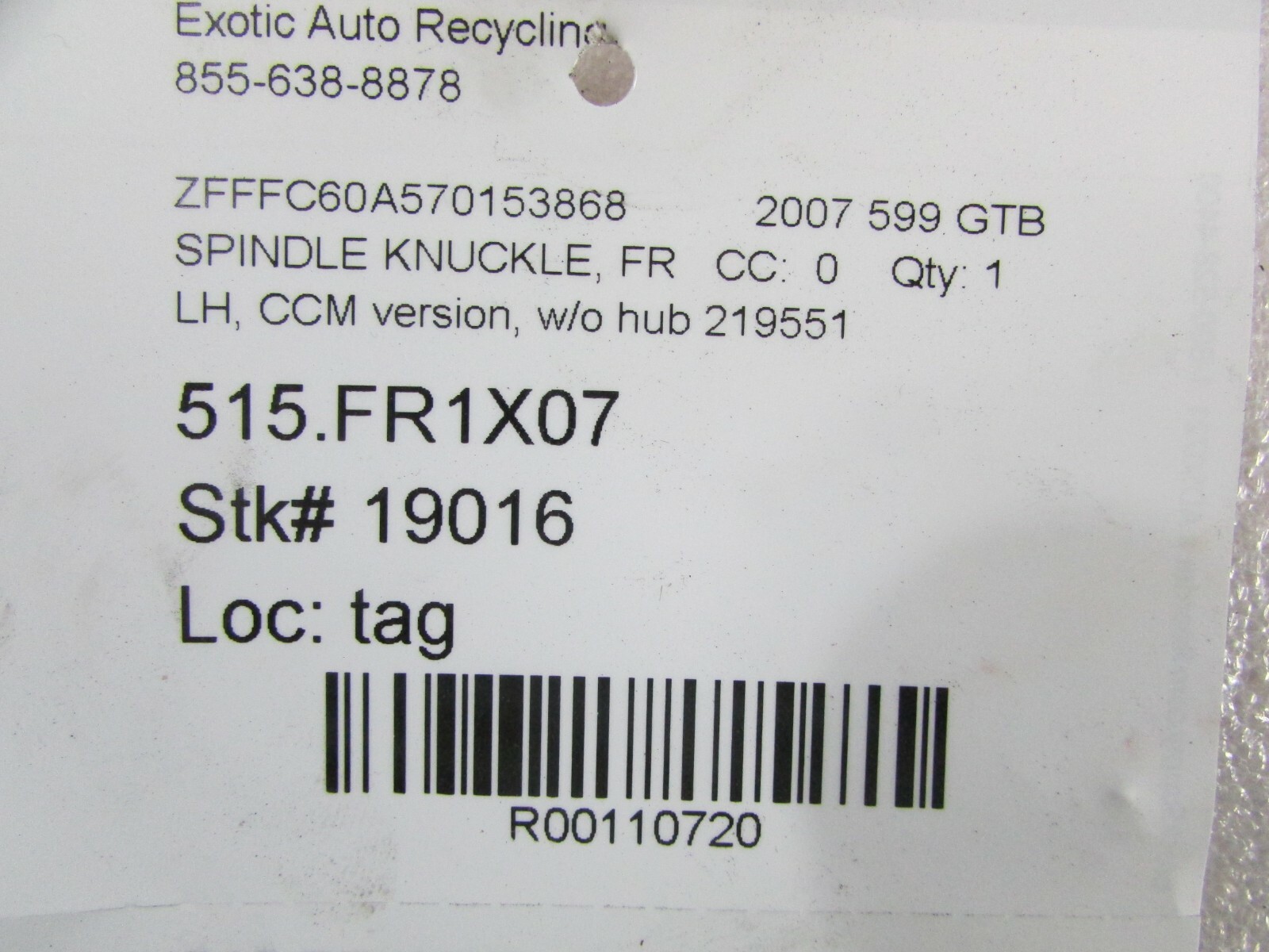 Ferrari 599 GTB, LH, Left Front Spindle/Knuckle w/out Hub, CCM, Used, P/N 219551