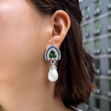 Unique Design Long Pearl Drop Earrings Silver Plated Zircon Women Bridal Jewelry