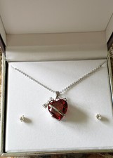 Red Heart Bow CZ Love Charm Silver Necklace  Earrings Set Gift Box