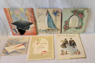 1930/40 LOT 6 Graduation Cards Foil Steel Engraving World Ship Hat #3