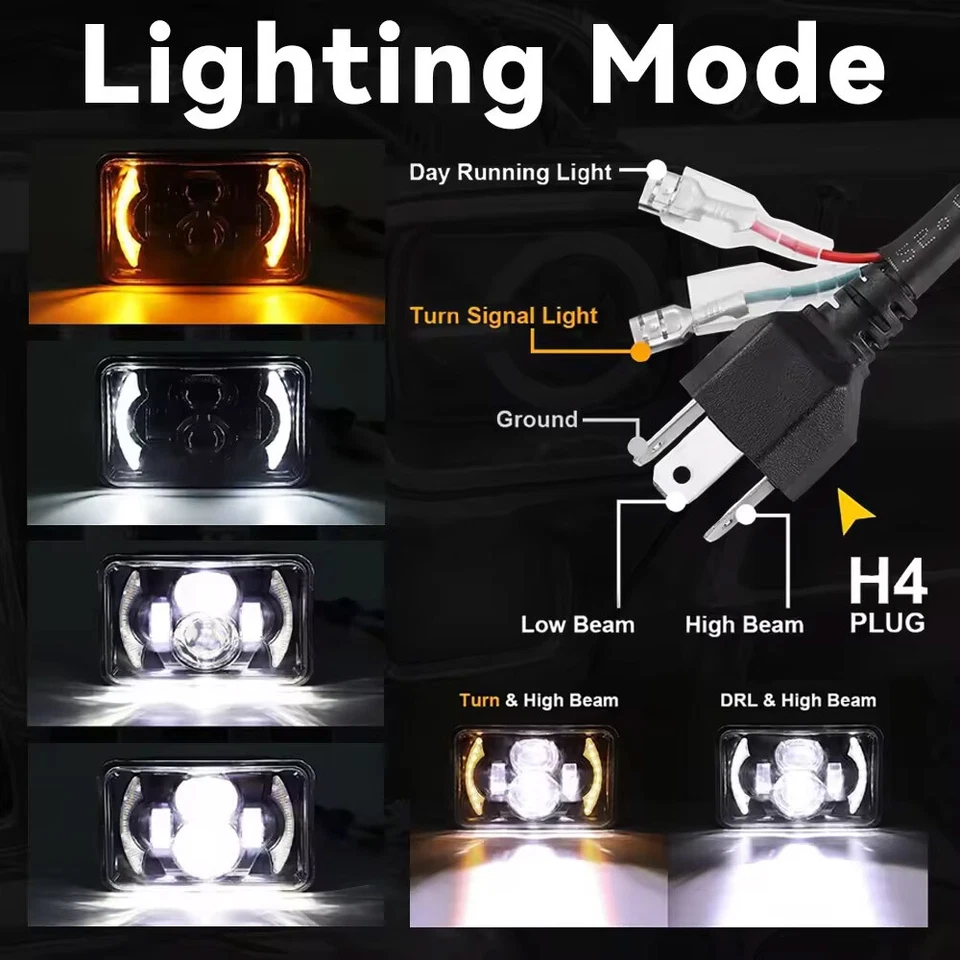 4 件 适合 1982 - 1992 雪佛兰科迈罗 Z28 4x6 英寸 LED 车头灯 光环 DRL 高低光束 — 第 4/4 张图片