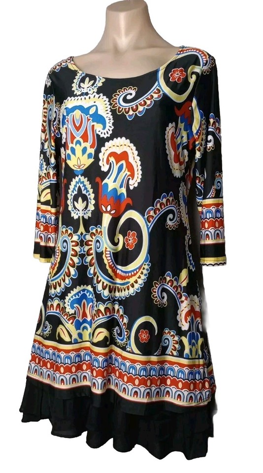 Reborn Dress Womens Size L Multi Black Retro 70s Half Sleeve Layered Mini A line