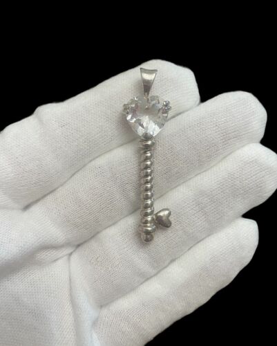 Sterling Silver Key Pendant - White Topaz Key to My Heart - 2” Length