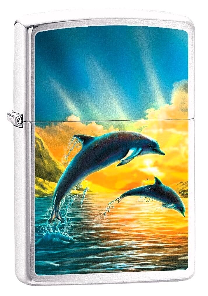 DOLPHINS AT SUNSET / BRUSHED CHROME ZIPPO LIGHTER / NEW IN BOX