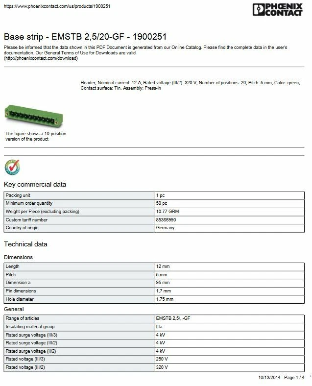 Phoenix 1900251, Terminal Block; PCB Header; EMSTB 2,5/20-GF, 20 Pos (2 pieces) - Image 3 of 4