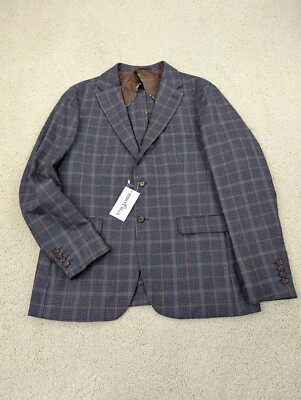 Tom James Sport Coat 46R Gray Plaid Wool Brown Blazer Suit Jacket Unstructured