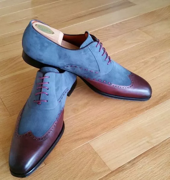 Men’s Handmade Burgundy Color Leather Shoes, Men Wing Tip Brogue Dress  Formal Lace Up Shoes