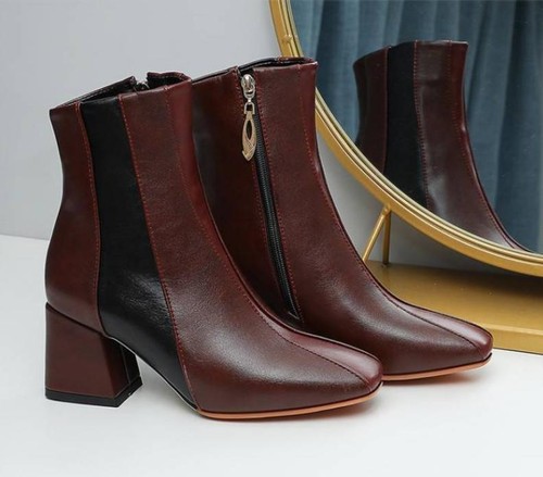 Women Block Heel Zip Up Square Toe Patchwork Ankle Boots Work Office Dress Shoes - Bild 7 von 11