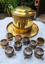 Antike Jugendstil Messing Bowle mit Tablett 10 Becher Glaseinsatz um 1920