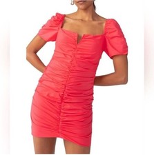Sanctuary Red Ruched Puff Sleeve Mini Dress Size 4 Cotton Blend (bin JJ129)