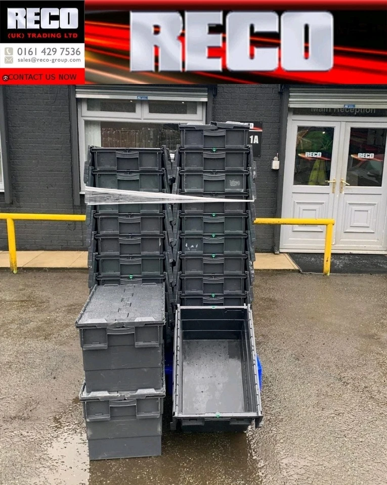 20 x LARGE USED TOTE BOX / ATTACHED LID CONTAINER / CRATE 600x400x350mm VGC - Image 2 of 4