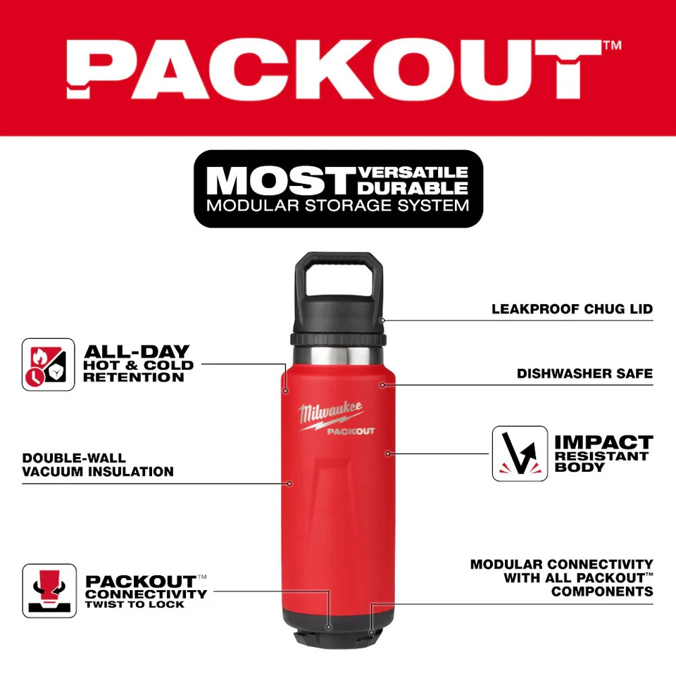Milwaukee 48-22-8397R PACKOUT 36oz Red Insulated Bottle with Chug Lid - Image 2 of 4