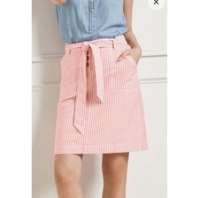 Talbots Linen A-Line Skirt Tailored Stripe Tie Waist Midi Knee Pink White 8 NWT