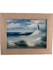Beach Seascape Lighthouse Original Oil Famed Painting Signed By Artist  Coastal