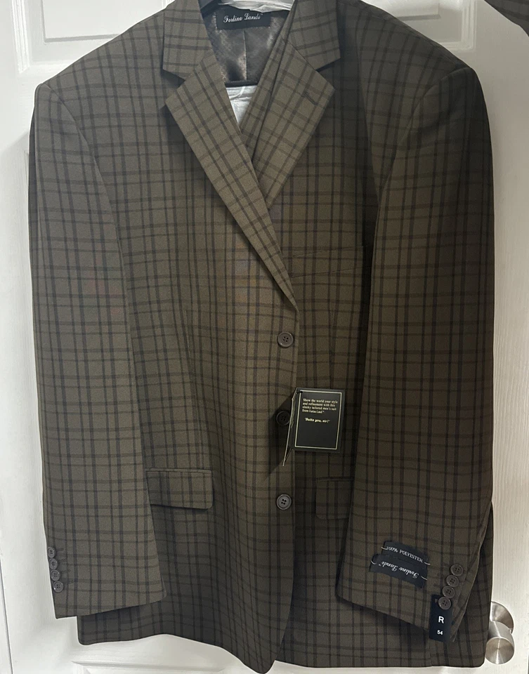 NTW Fortino Landi 3PCS Men's Plaid Checks 3 Button Suit w/ Vest Brown 54R 48W - Image 2 of 4
