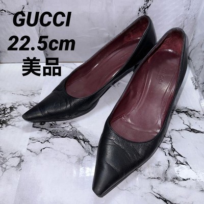 Rare GUCCI Black Leather Pointed Toe Kitten Heel Pumps Size 22.5 