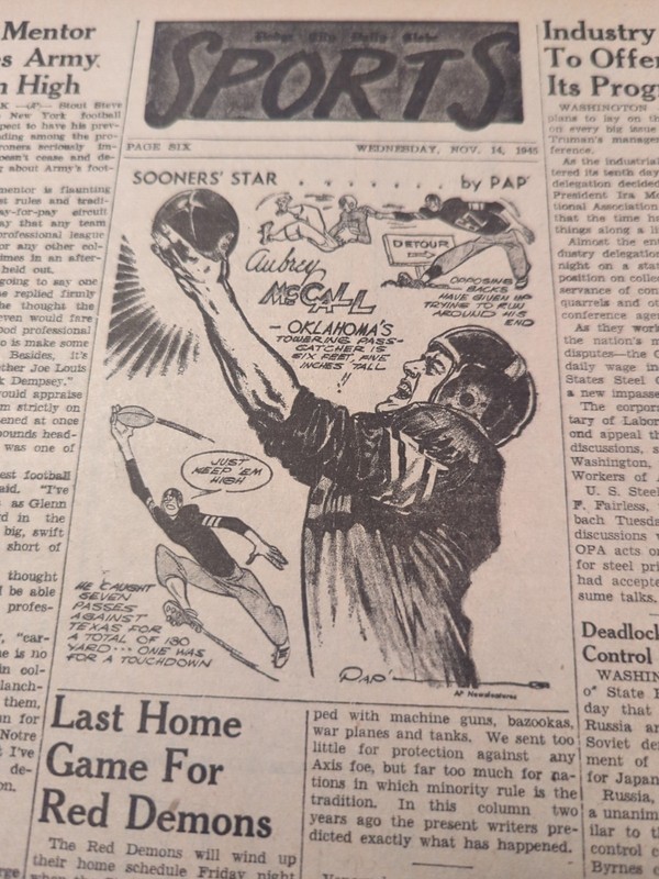 NOV 14, 1945 NEWSPAPER PG #2223- AUBREY McCALL, OKLAHOMA SOONER FOOTBALL 🏈