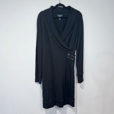 Lauren Ralph Lauren L Black Sweater Dress Faux Wrap Side Buckles Shawl Collar