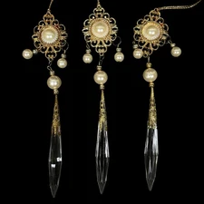 3 Vintage Gold Tone Pearl Acrylic Icicle Ornaments Dangle Charms Crafting 90s