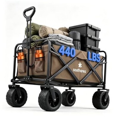 160L Wagons Carts Foldable with Extended Tailgate, Max 440LBS Capacity & Khaki