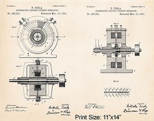Groupe électrogène courant alternatif 1891 Nikola Tesla Patent Print 11"x14"