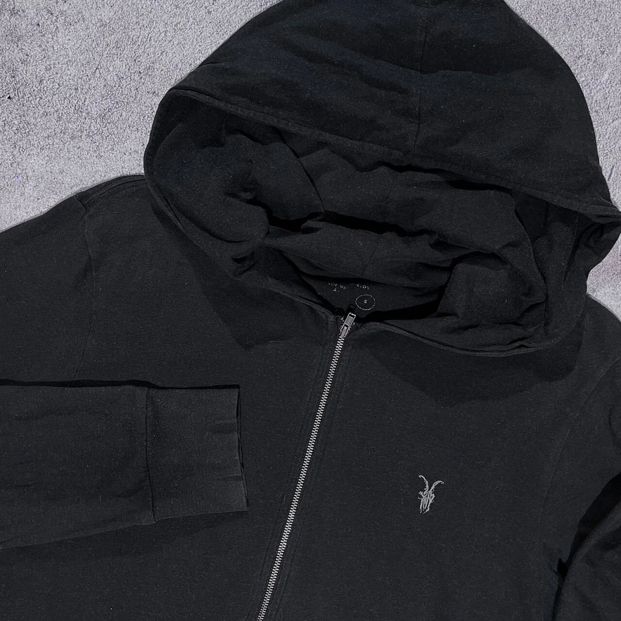 Felpa con cappuccio ALLSAINTS Spitalfields nera cerniera intera stile Rick Owens taglia S